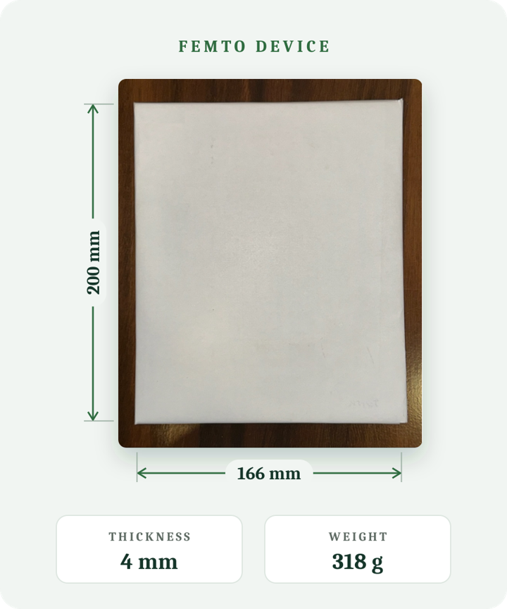 The Femto device, a flat panel measuring 200 by 166 millimetres